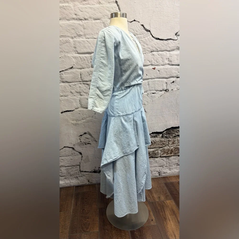 Vintage Pheobe Light Blue Denim Bohemian Hanker-chief Asymmetrical Layered Dress - Picture 5 of 12